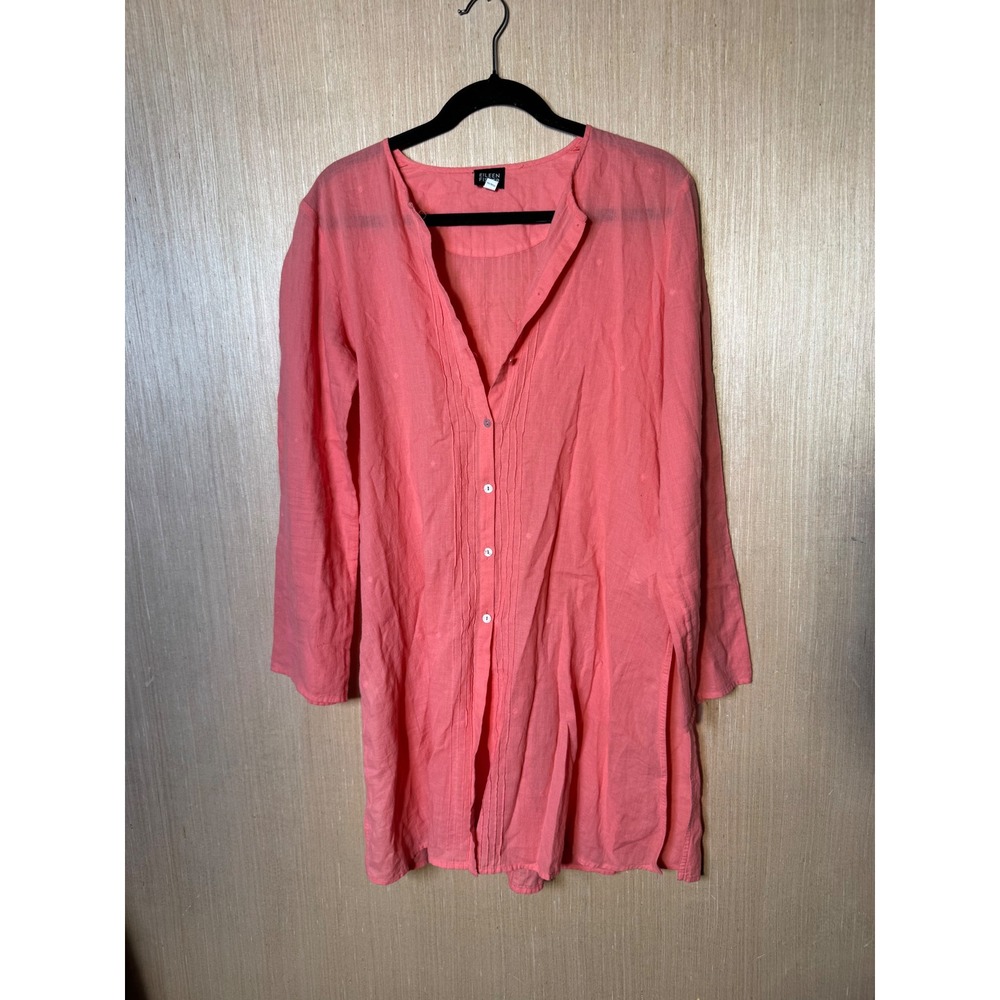 Eileen Fisher Coral Pink 100% Cotton Button Front Pleated Tunic Shirt Small